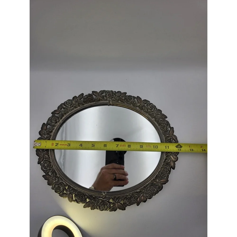 Vintage Oval Mirror Ornate‎ Rose Frame Bronze Gold Tone Vanity Decor 10